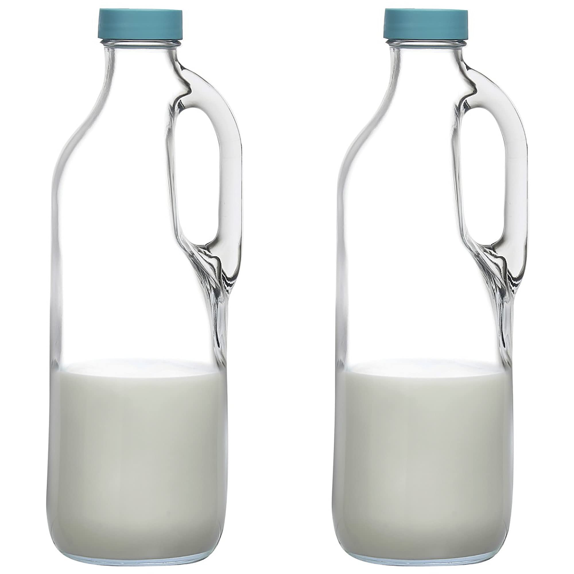 GLASS MONGER 47oz clear pitcher with handle and lid for easy pouring.