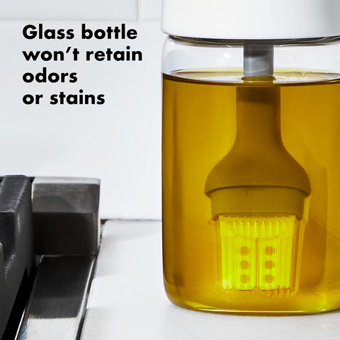 OXO Good Grips glass oil bottle appears clear and odor-free for storage