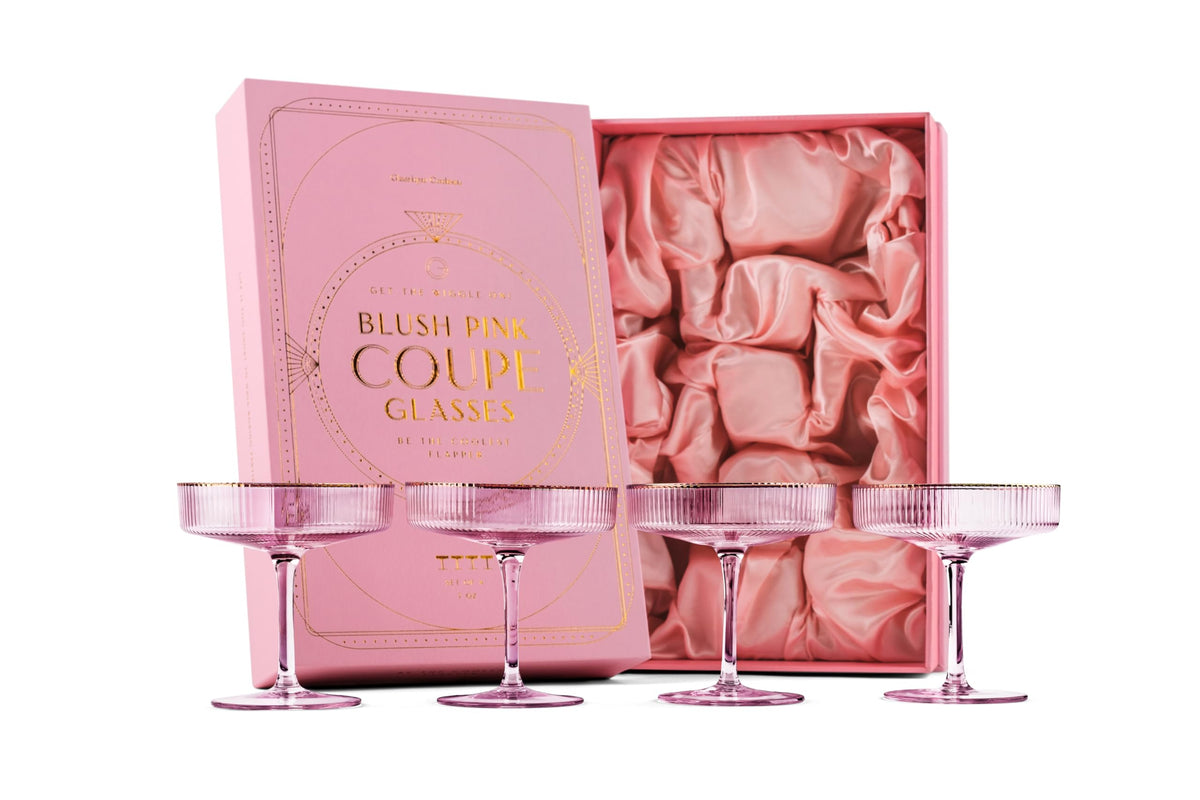 GLASSIQUE CADEAU vintage art deco blush pink coupe glasses with gold rims for elegant toasts