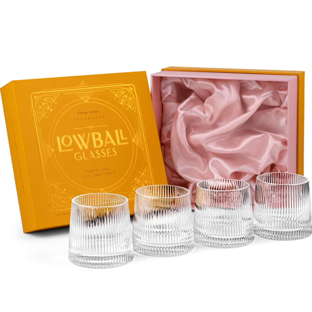 GLASSIQUE CADEAU vintage Art Deco lowball glasses for whiskey and gin cocktails.