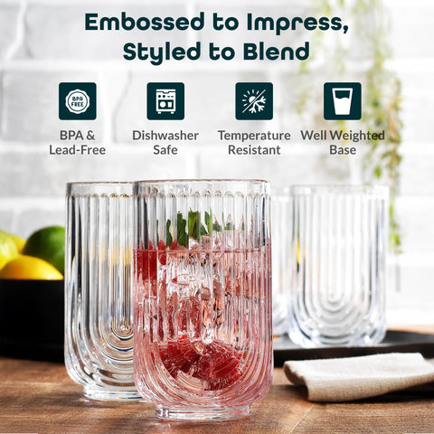 Glaver's 17oz vintage highball glasses ready for water, juice, or cocktails