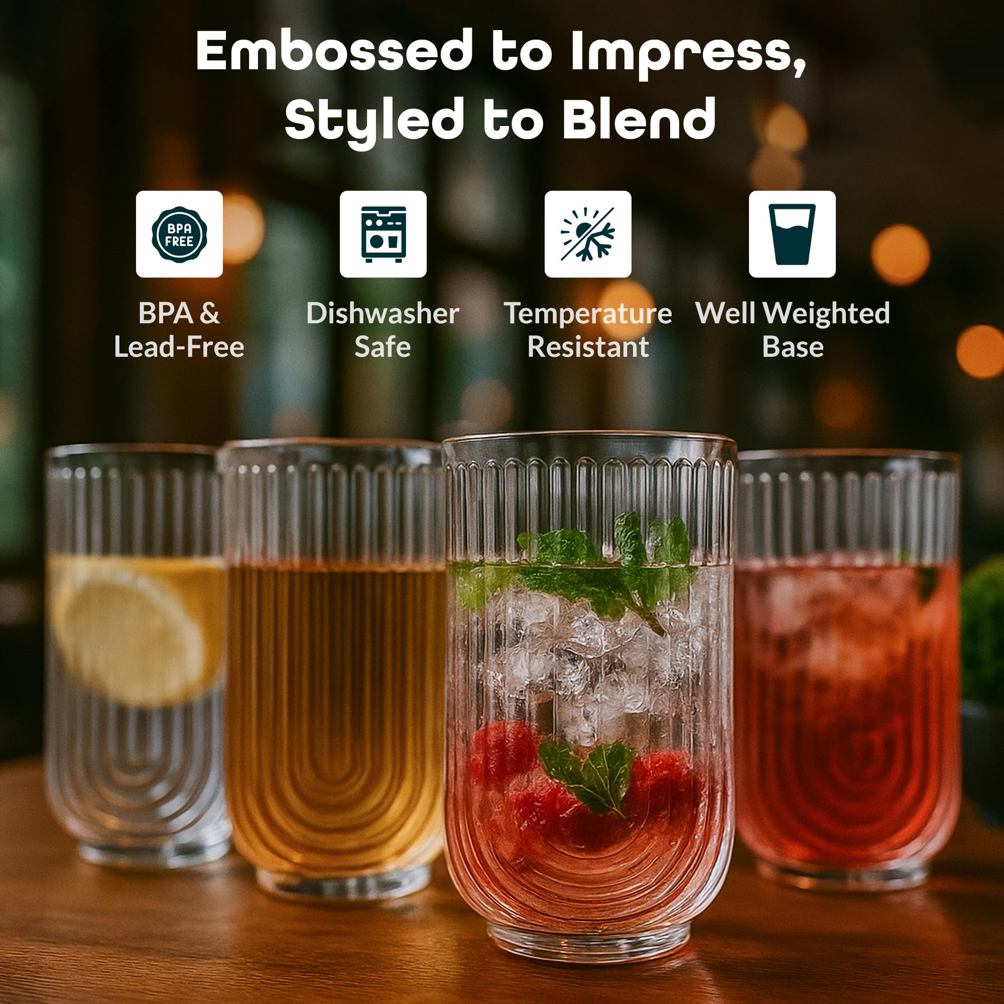 Glaver's embossed arch pattern highball glass adds vintage sophistication to any table