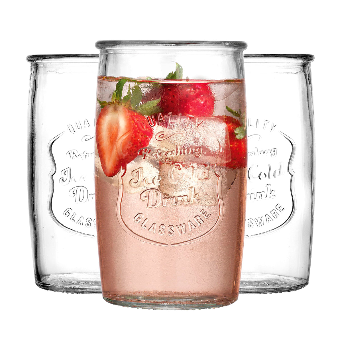 Glaver's vintage Italian design glass tumbler close-up with embossed logo for stylish serving.