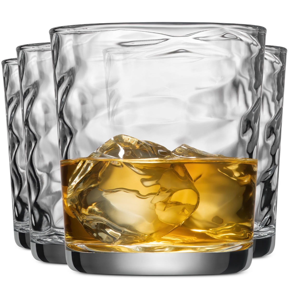 Glaver's whiskey glasses with a wavy inner surface for stylish bar presentation.