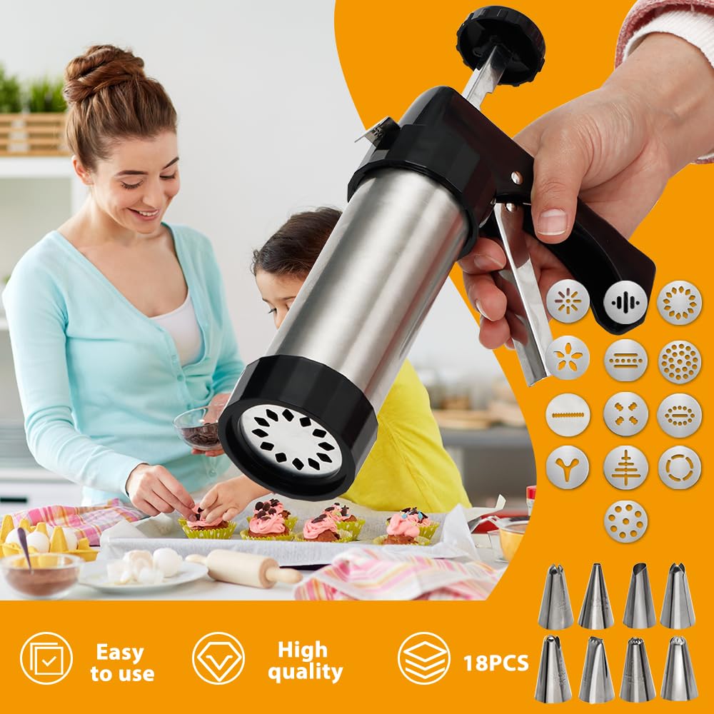 GleeAnt cookie press with 8 piping tips for decorative pastries.
