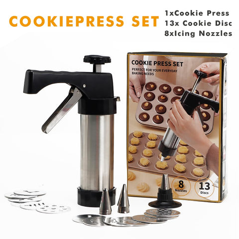 GleeAnt cookie press kit configuration illustrating a complete decorating toolkit.