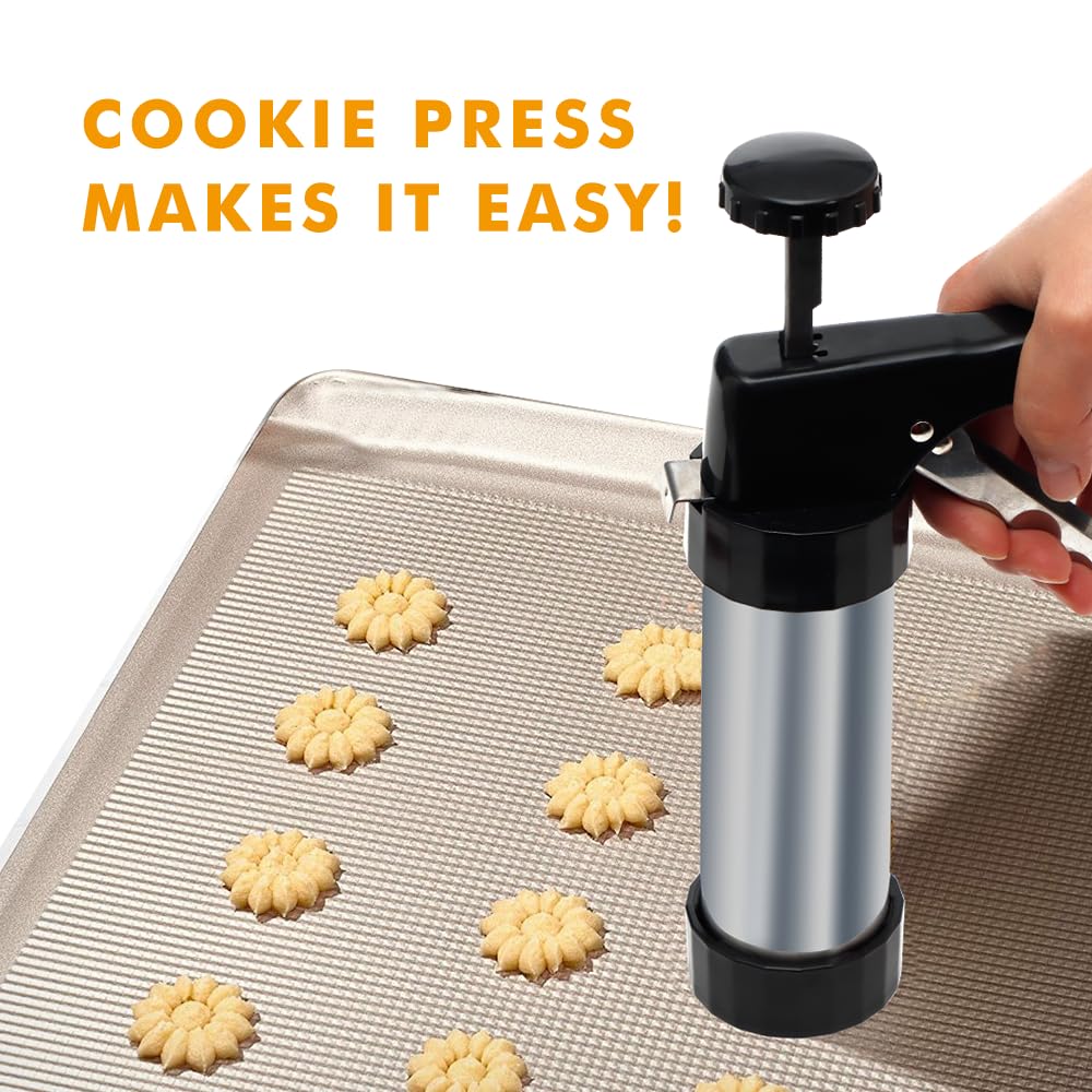 GleeAnt stainless cookie press displayed with multiple discs for creativity.