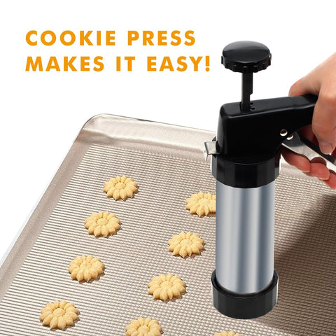 GleeAnt stainless cookie press displayed with multiple discs for creativity.