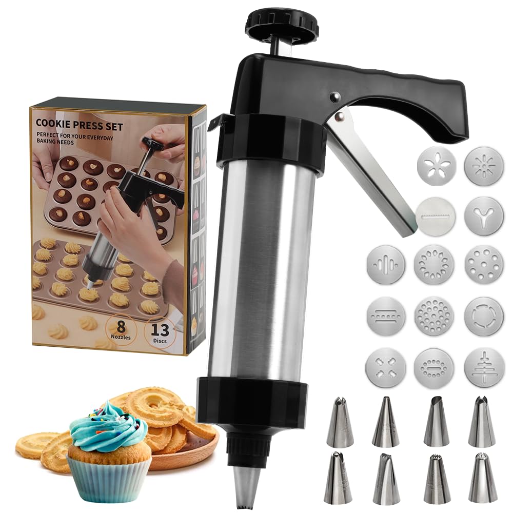 GleeAnt stainless steel cookie press close-up showing durable build for baking.