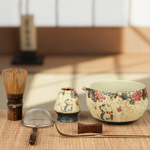 GleeNflux matcha bowl with cat motif enhances your tea ritual
