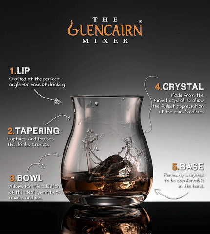 GLENCAIRN mixer glass with tapered mouth concentrates aromas for sipping.