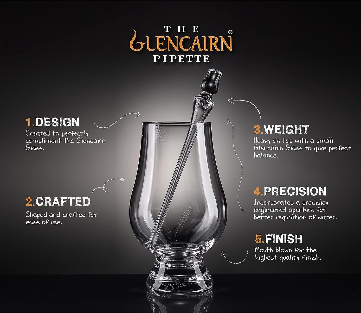 Weighted top cap with a miniature Glencairn glass supports comfortable handling.