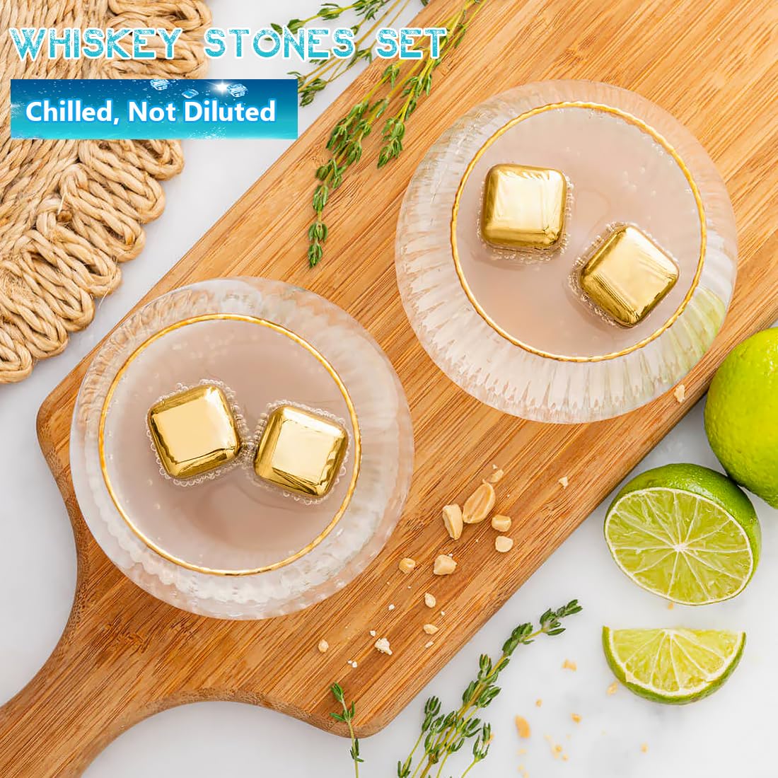 Glendaveny gold ice cubes in storage tray keep beverages chilled and organized.