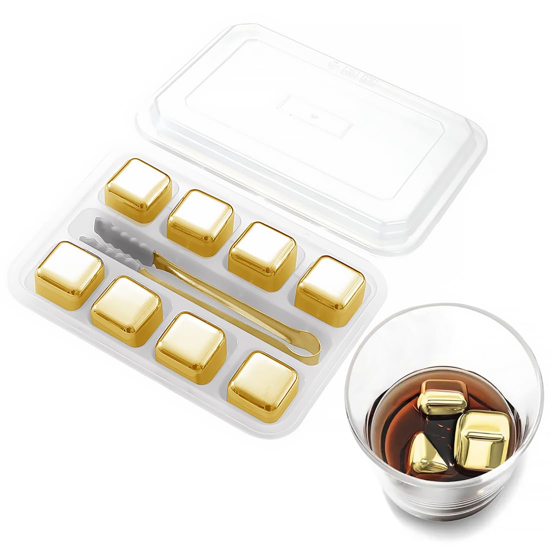 Glendaveny gold reusable ice cubes in a glass, preserving flavor without dilution.