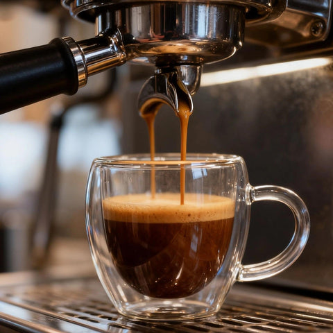 Glenkach clear espresso cups display rich crema and colors in a stylish kitchen setting
