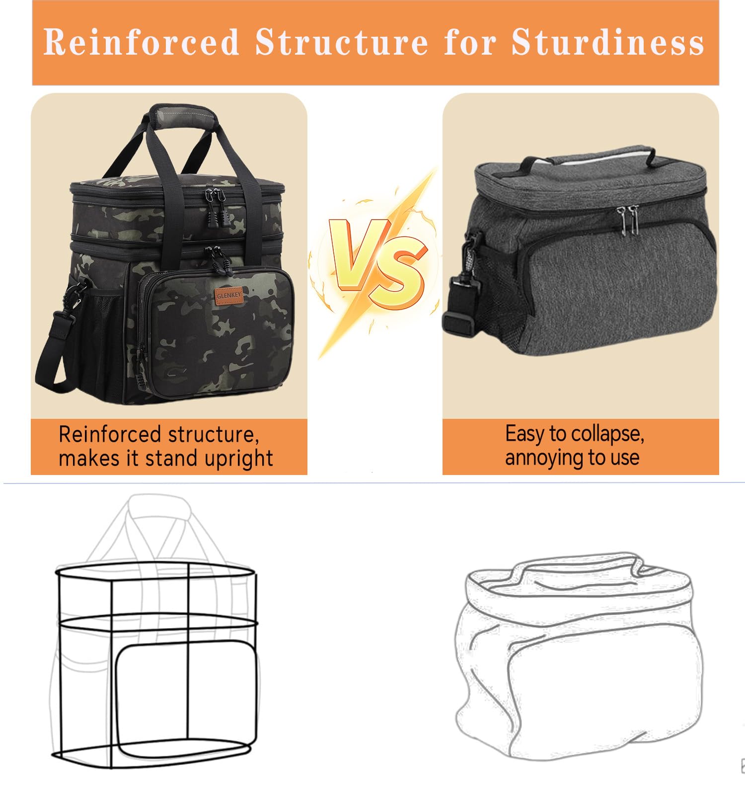 GLENKEY heavy-duty lunch cooler with padded carry strap for easy transport.
