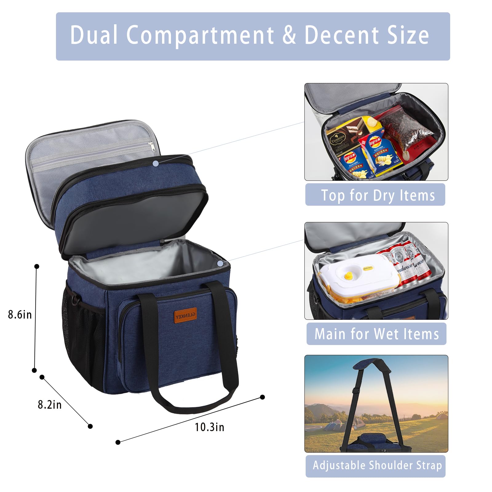 GLENKEY heavy-duty insulated lunch bag with side pocket for extra organization.