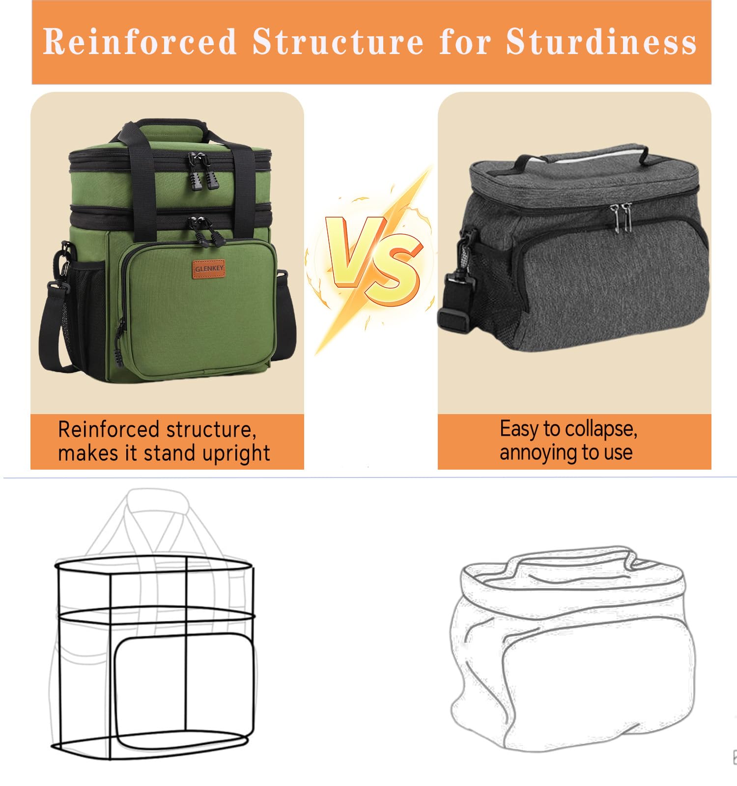 GLENKEY heavy duty lunch cooler with multiple pockets organizes essentials