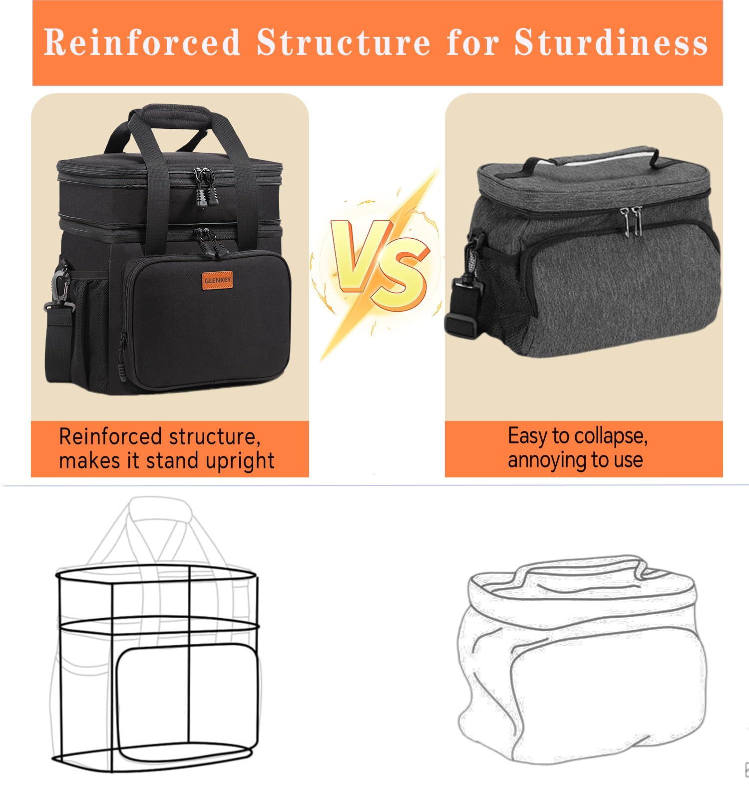 Glenkey heavy-duty lunch bag skeleton structure provides sturdy support.