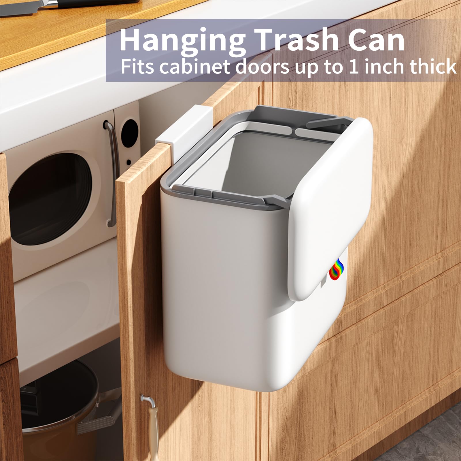 Gleynest bin mounted on cabinet door for easy access.