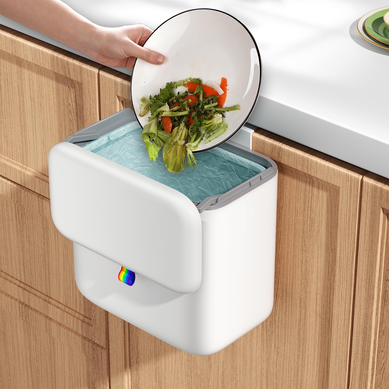Gleynest compost bin on kitchen countertop for quick, odor-free waste disposal.