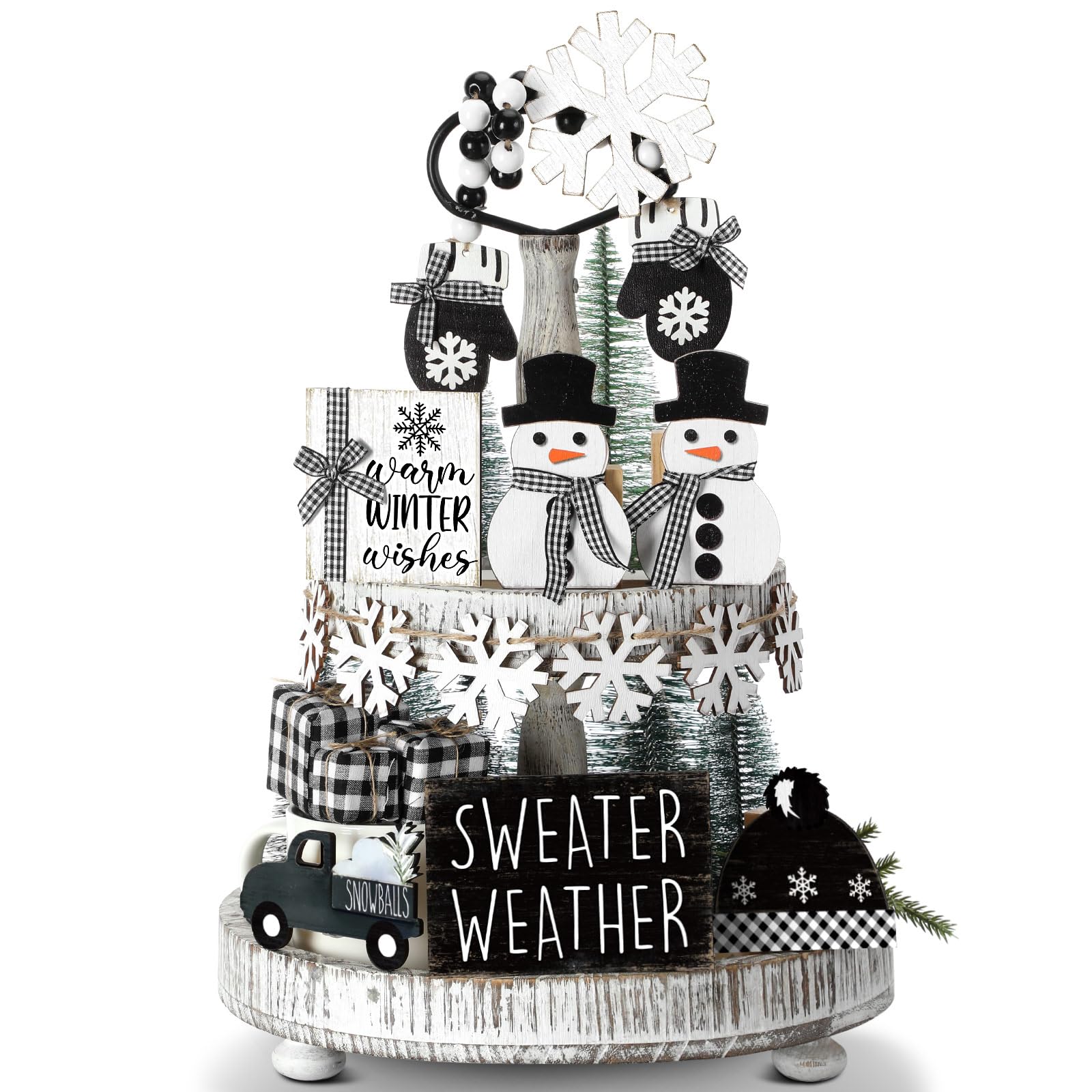 GlikCeil winter tiered tray snowflakes on wood base for durable festive display