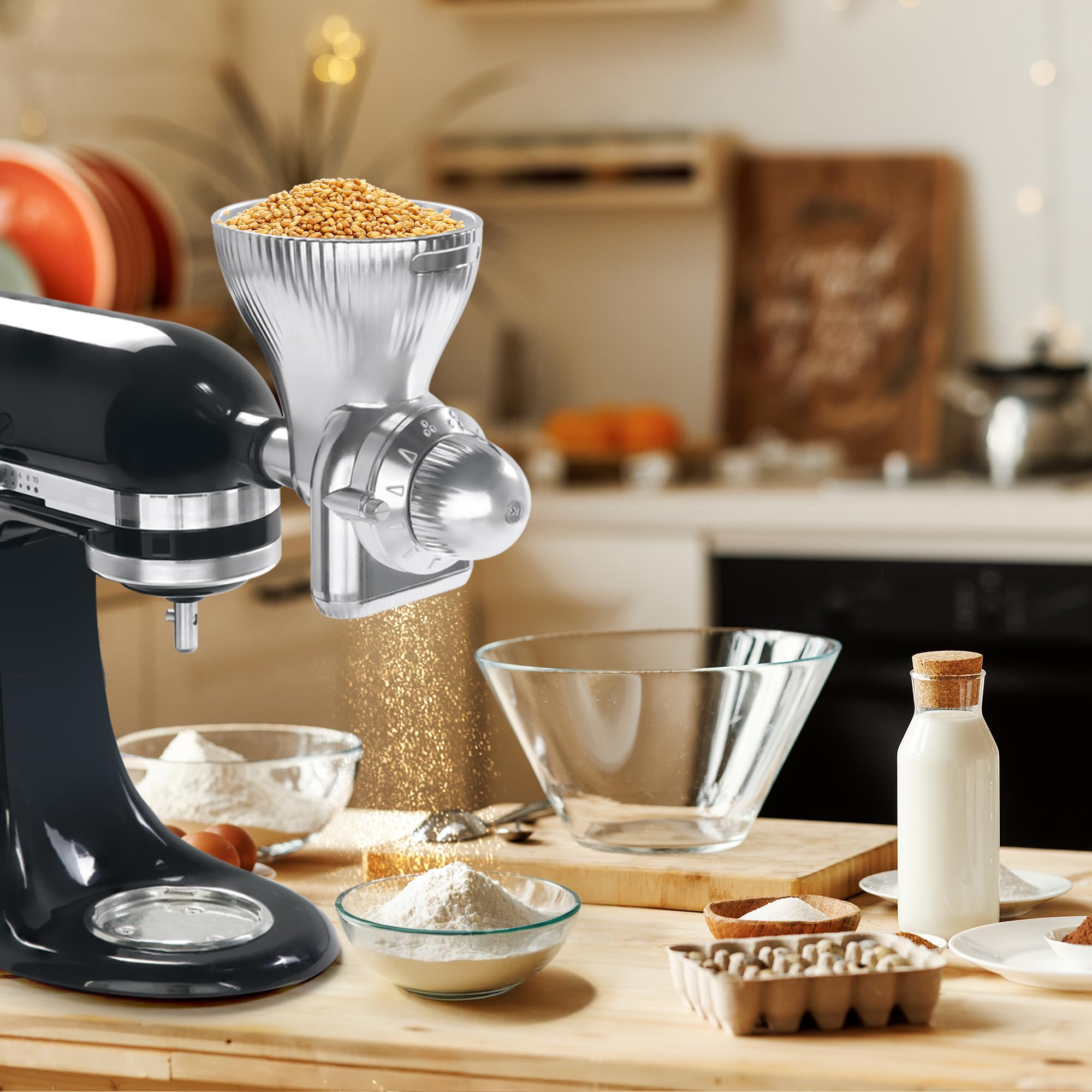 GLINK compact design attaches securely to KitchenAid for convenient on-demand milling.