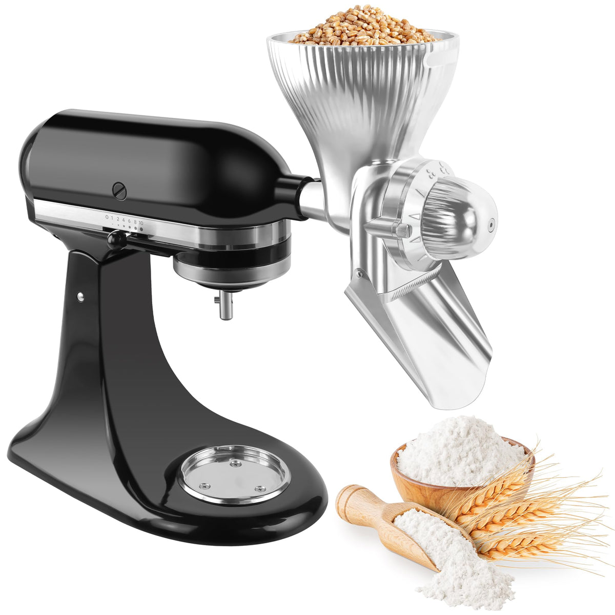 GLINK grain mill attachment for KitchenAid—side view, durable all-metal design for reliable grinding.