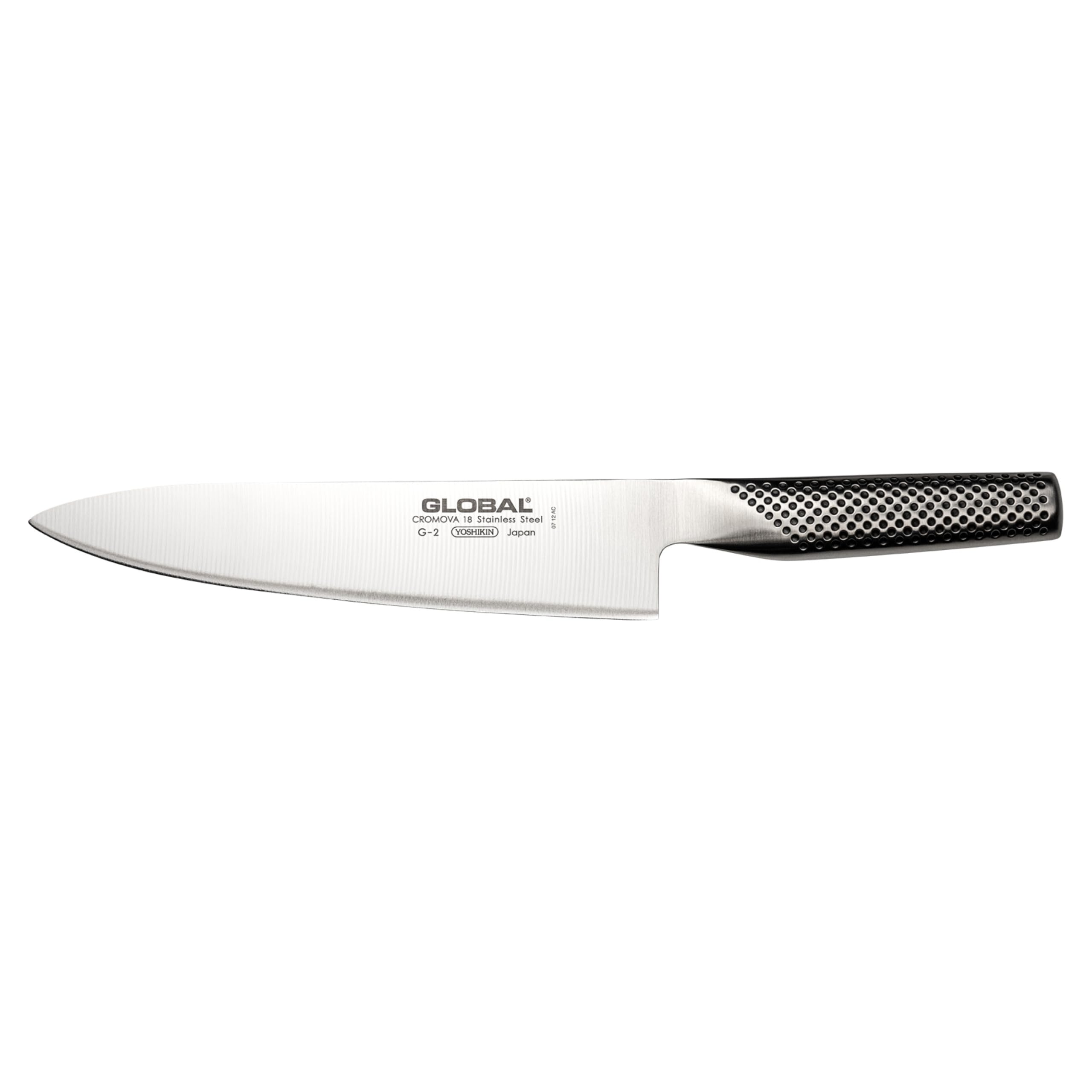 Global 8-inch chef knife blade with razor-sharp edge for precise slicing.