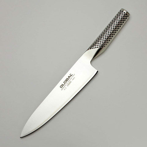 Global 8-inch chef knife face-ground blade for refined slicing.
