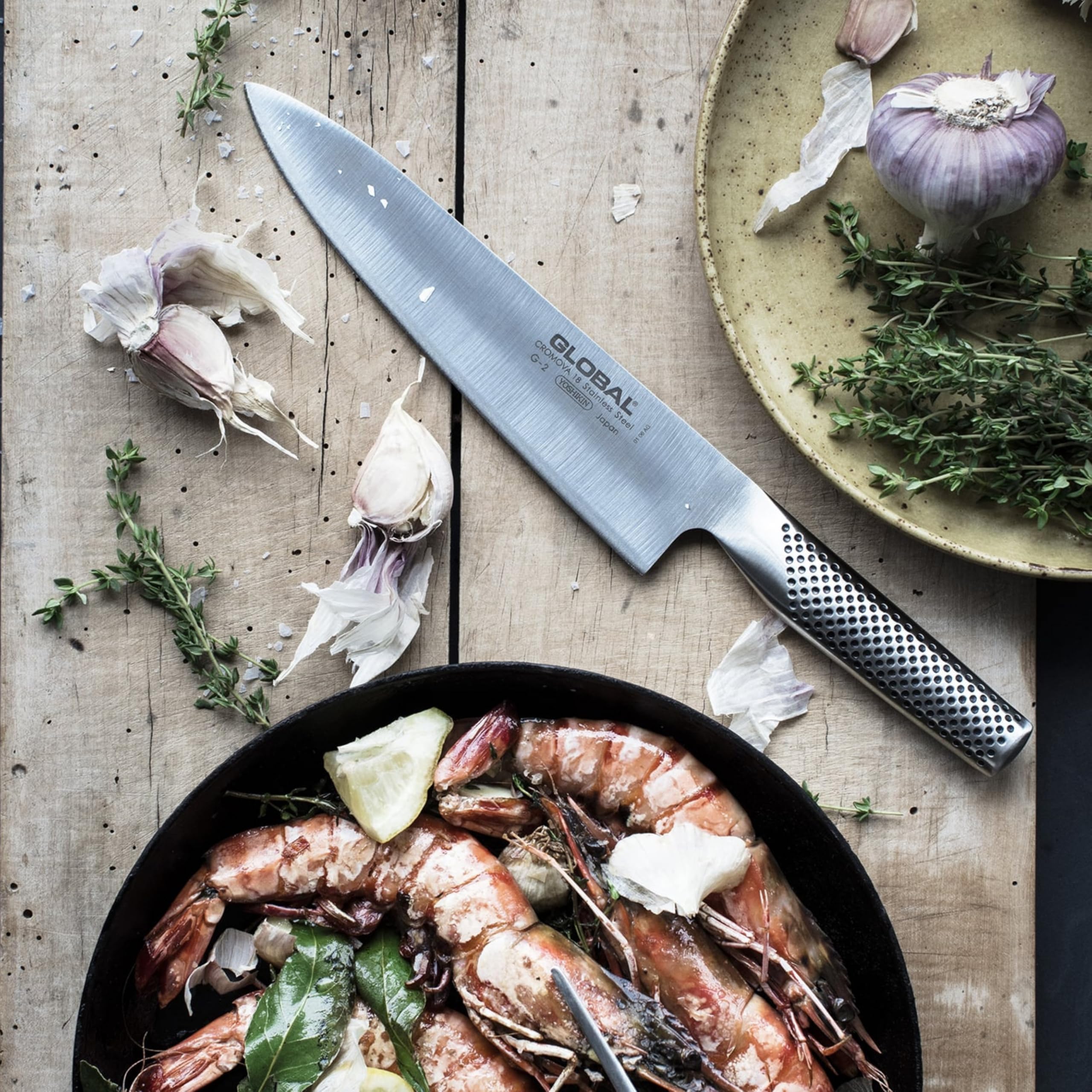 Global 8-inch chef knife made in Japan showcasing craftsmanship.