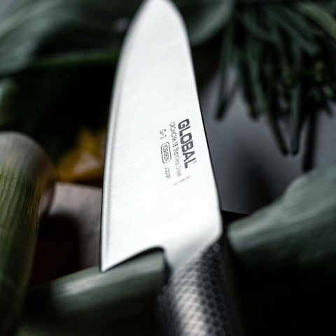 Global 8-inch chef knife ideal for slicing meat evenly.
