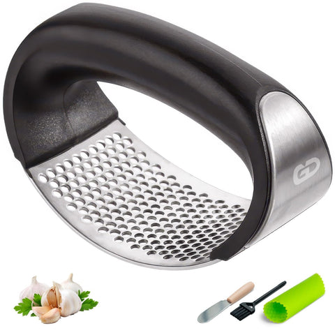 Global Digitronix garlic press rocker handle for effortless crushing.