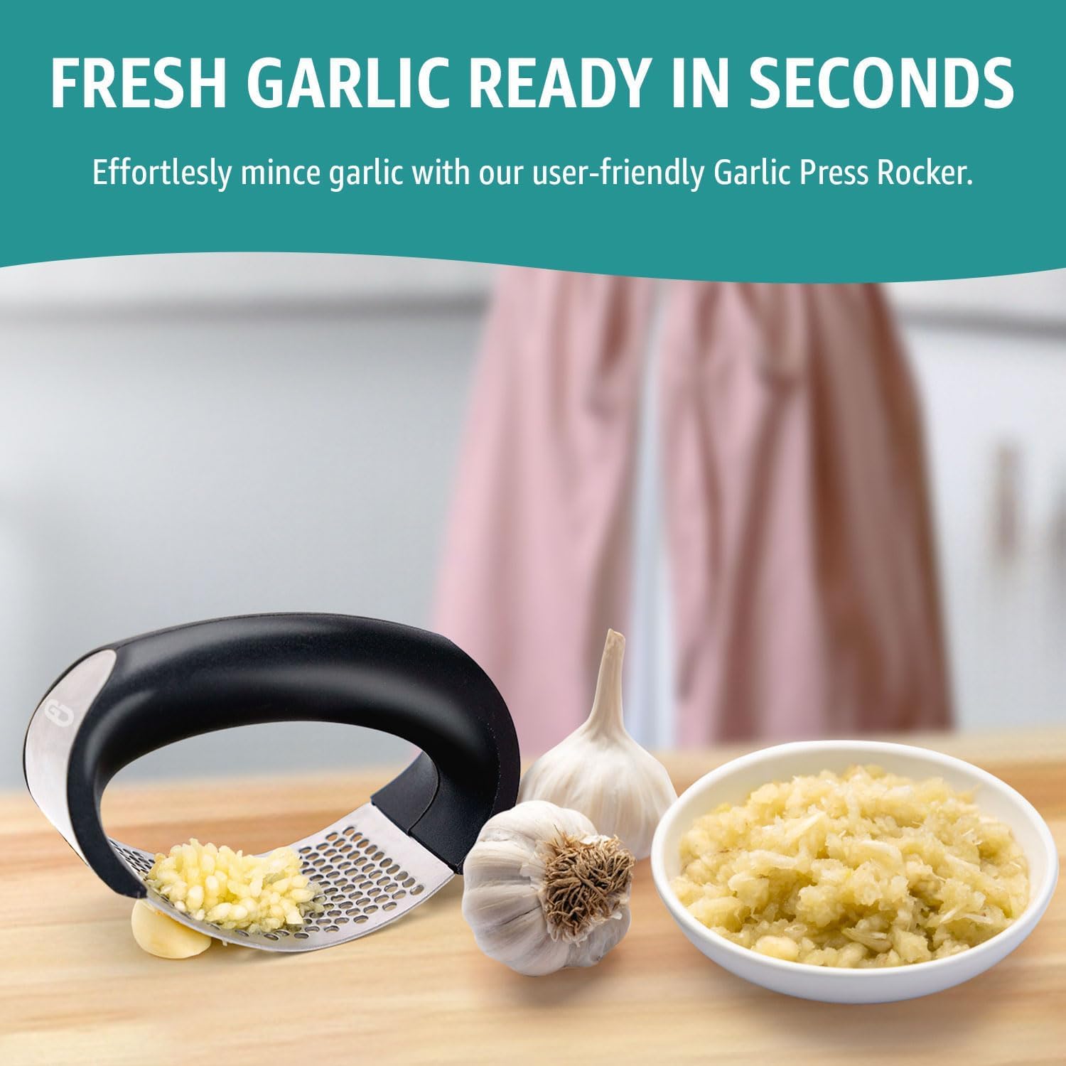 Global Digitronix multi-purpose garlic tool showcases versatile kitchen use.