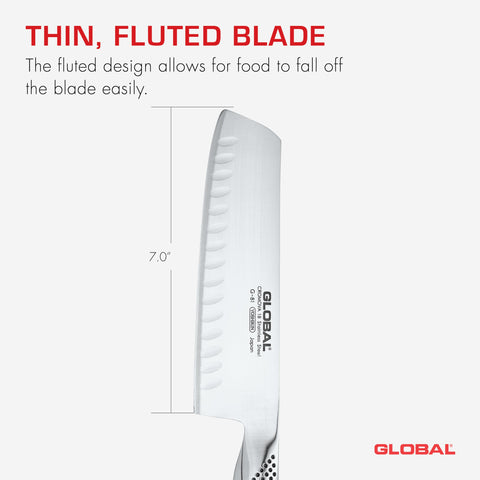 Global G-81 7-inch Nakiri knife edge close-up showing clean cuts potential