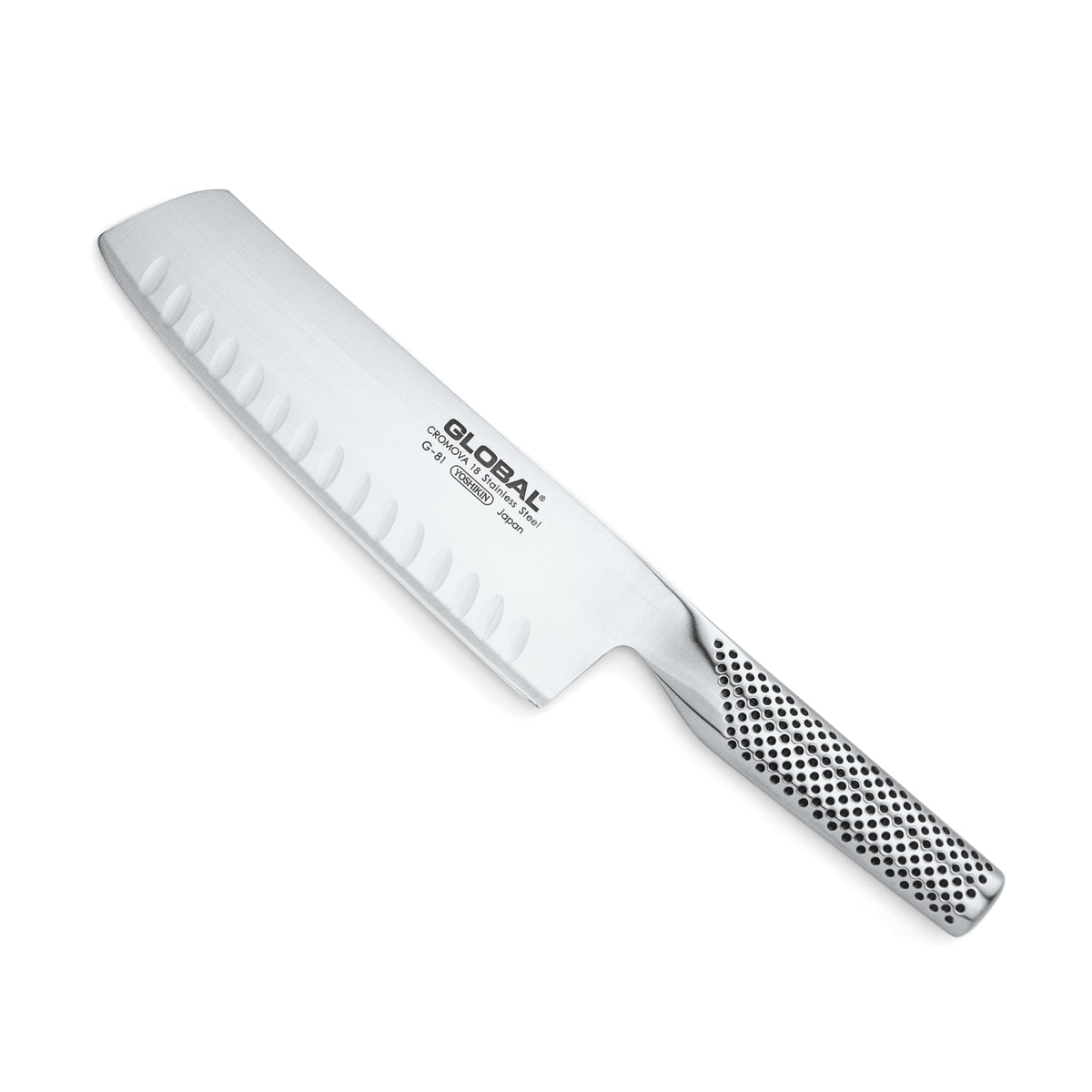 Global G-81 7-inch Nakiri knife front view with hollow ground edge for smooth vegetable slicing