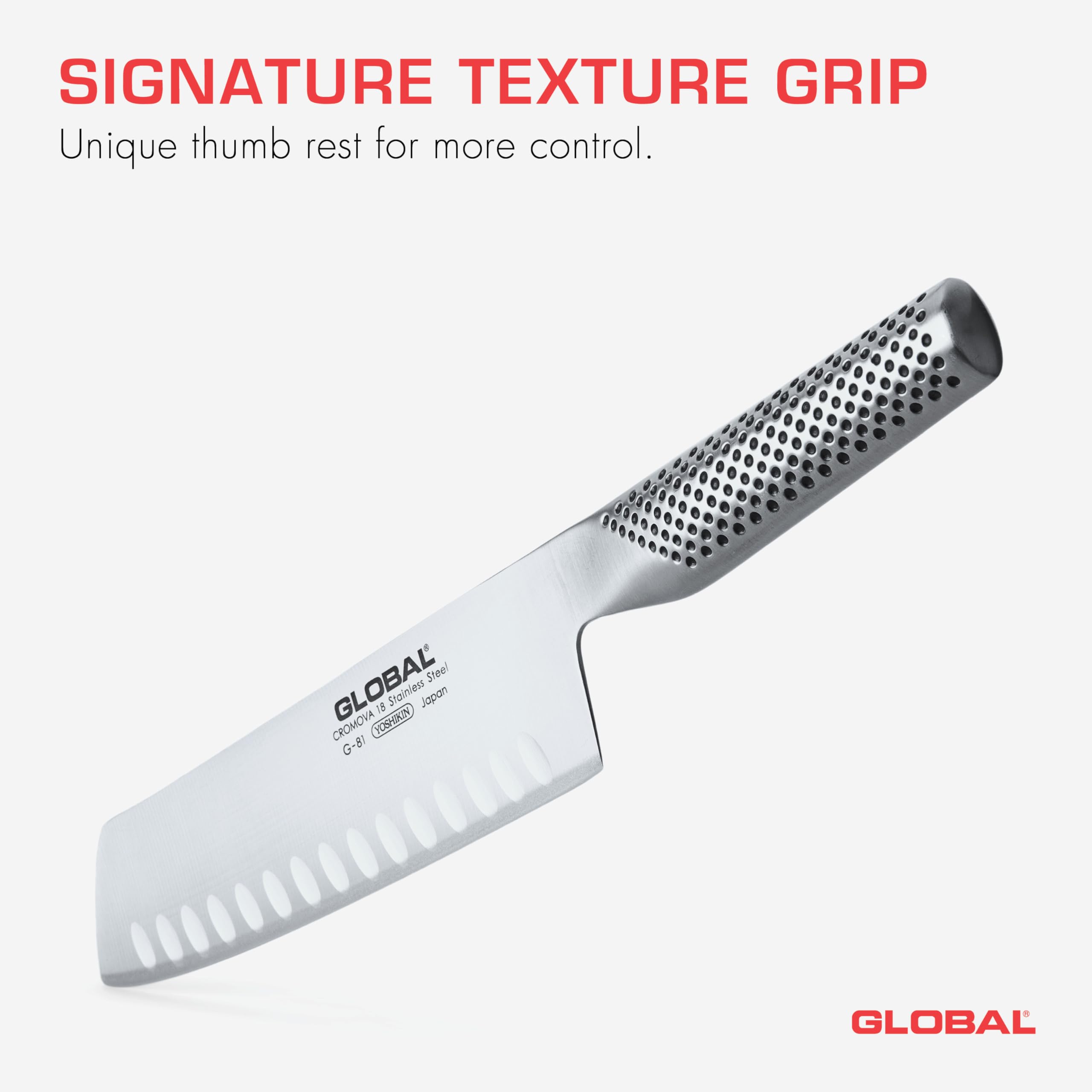 Global G-81 7-inch Nakiri knife in use performing flat vegetable cuts