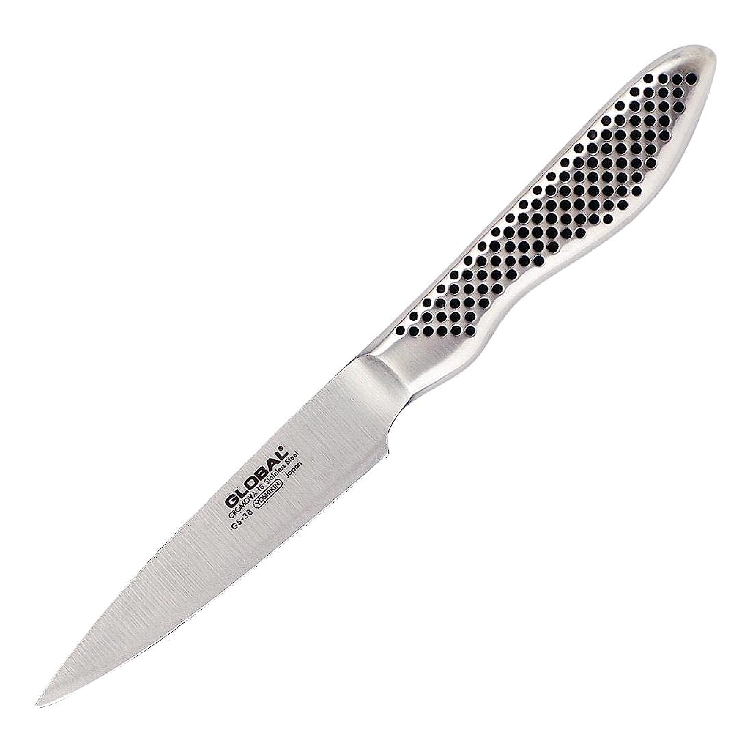 Global GS38 paring knife blade close-up highlights razor-sharp edge for precise peeling.
