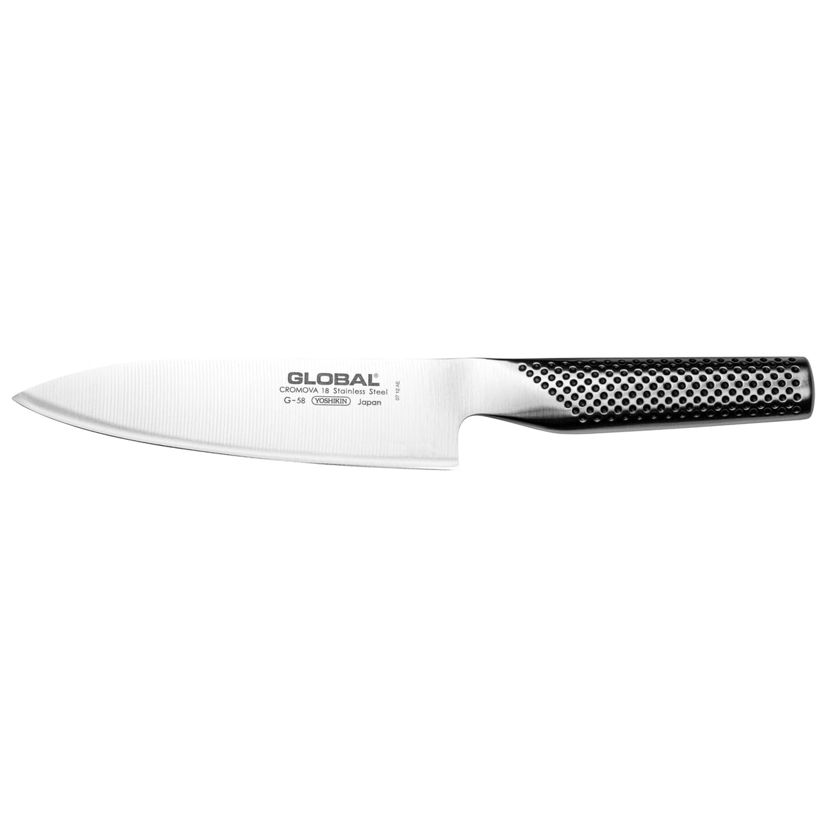 Global Sai knife blade close-up shows razor edge for precise slicing.