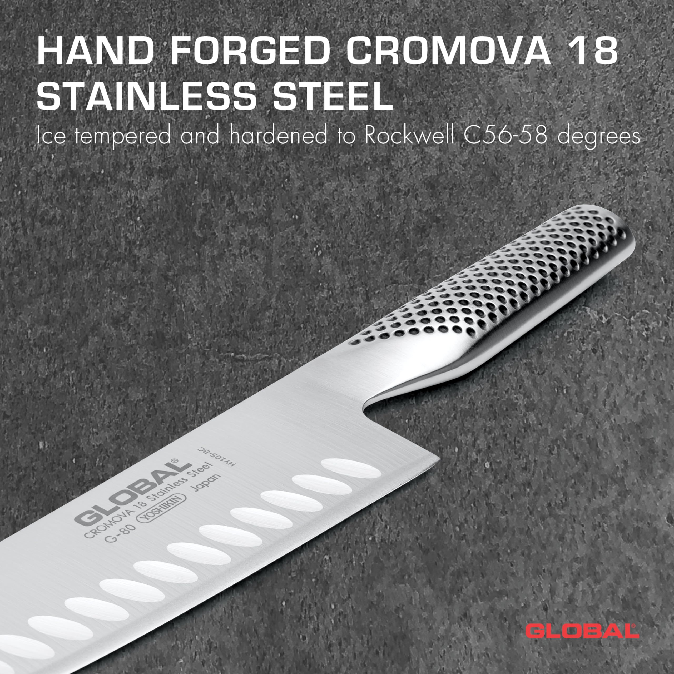 Global Santoku 7-inch blade with sheepsfoot tip enables versatile cuts