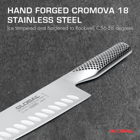 Global Santoku 7-inch blade with sheepsfoot tip enables versatile cuts