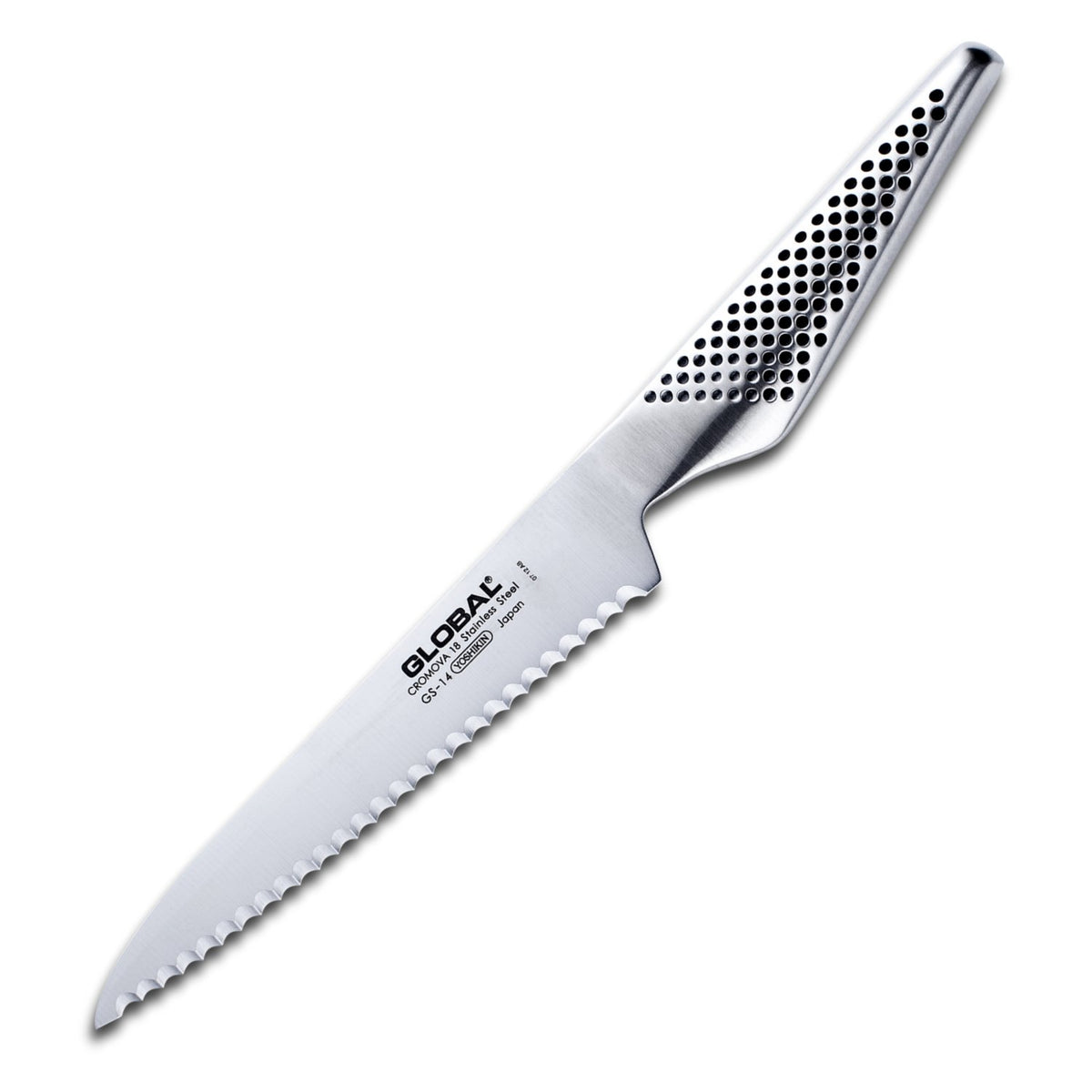 Global serrated utility knife with 6-inch blade for precise slicing of tomatoes and sausages