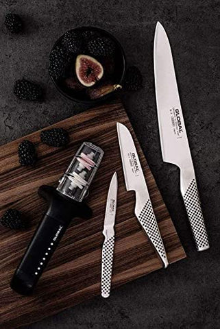 Global Stage 2 Sharpener black, white coarse wheel restores dull blades with controlled strokes