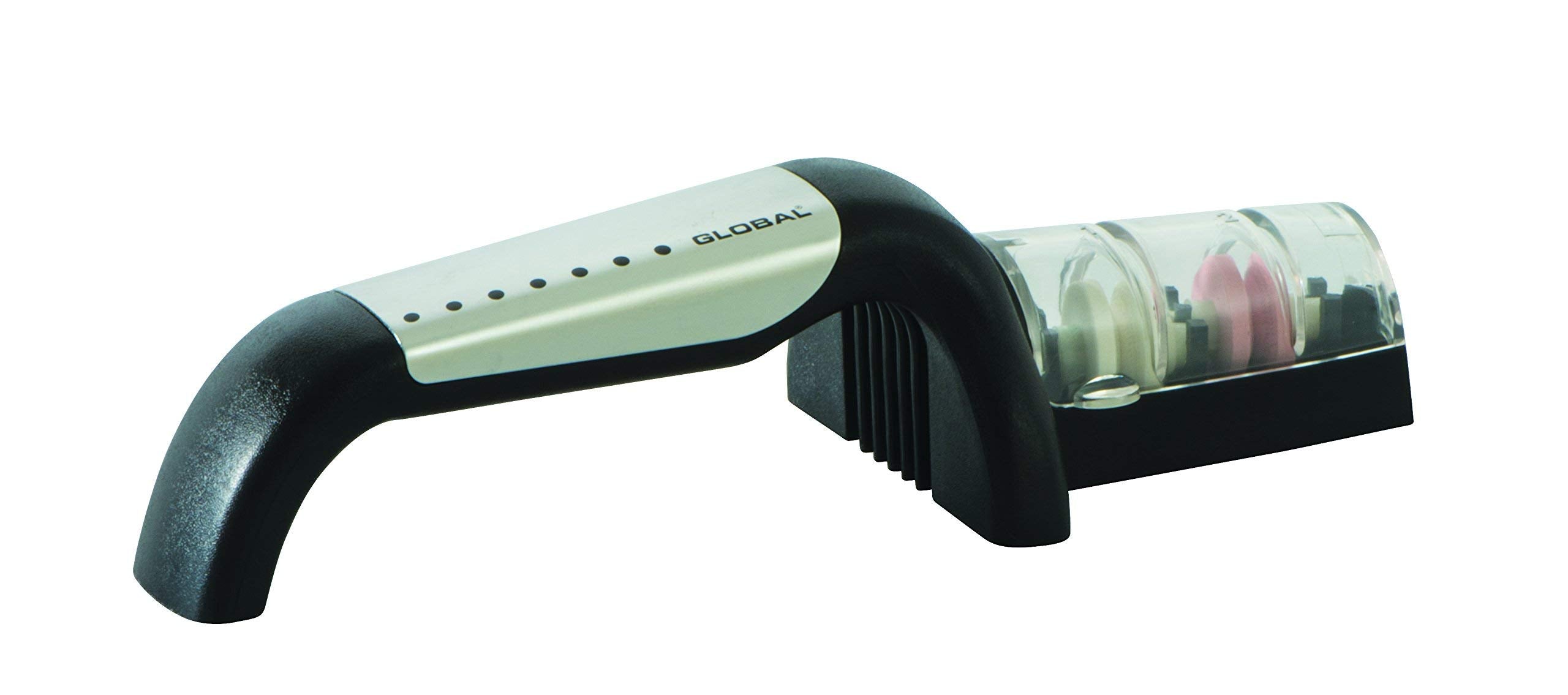 Global Stage 2 Sharpener black front view, compact home sharpening for precise blades