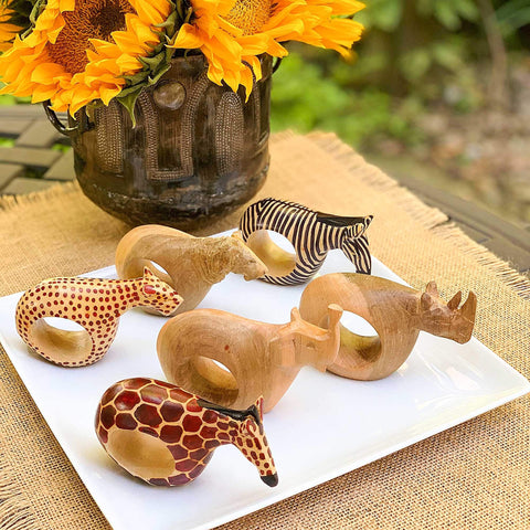 Global Crafts mahogany rhinoceros napkin ring adds bold safari style