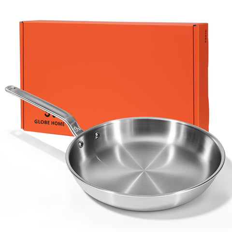 GLOBEHOME 12in stainless clad frying pan top view shows generous cooking surface