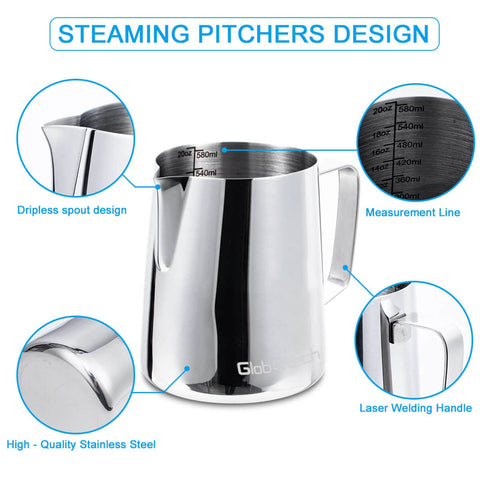Globotech latte art frothing pitcher supports artful pours and creamy foam