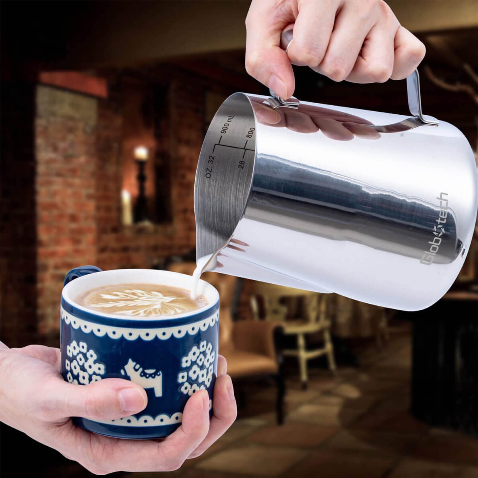 Globotech narrow-spout pitcher ensures controlled, clean pours.