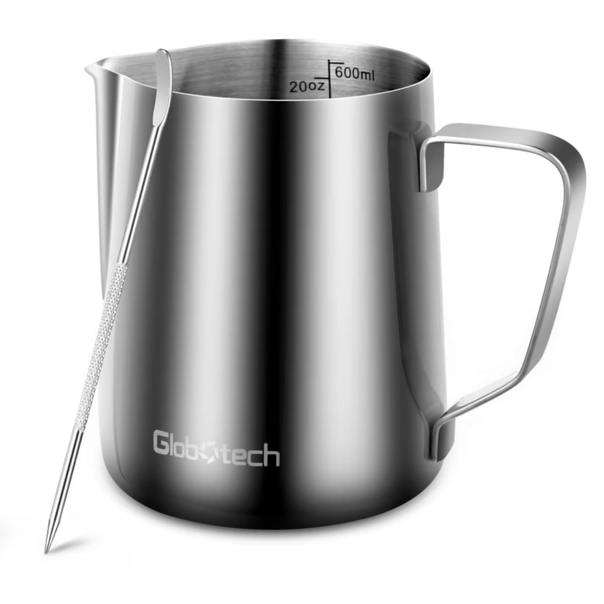 Globotech stainless steel milk frother cup with 20oz capacity for precise frothing