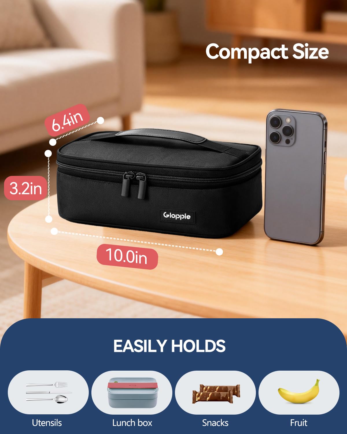 Gloppie small lunch bag side pocket; convenient organization on the go.